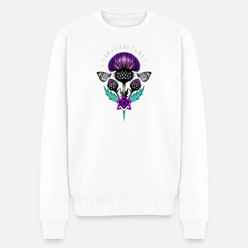 Chardon avec cœur de triquetra et papillon chardonneret - Pull Premium bio Homme - blanc