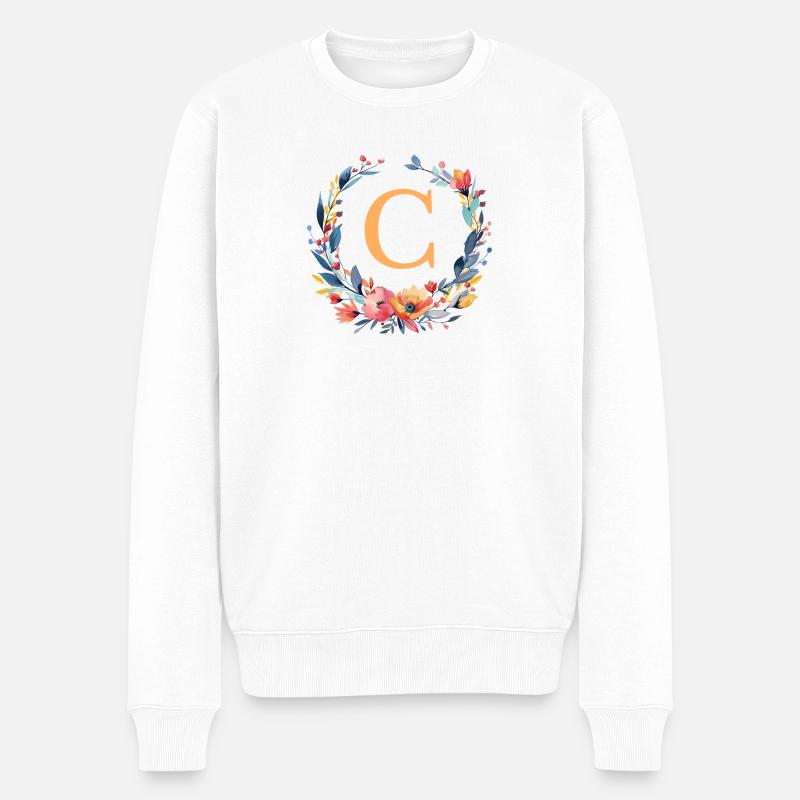 C Monogramm, Blumen-Kranz, personalisierbar - Männer Premium Bio Pullover - Weiß