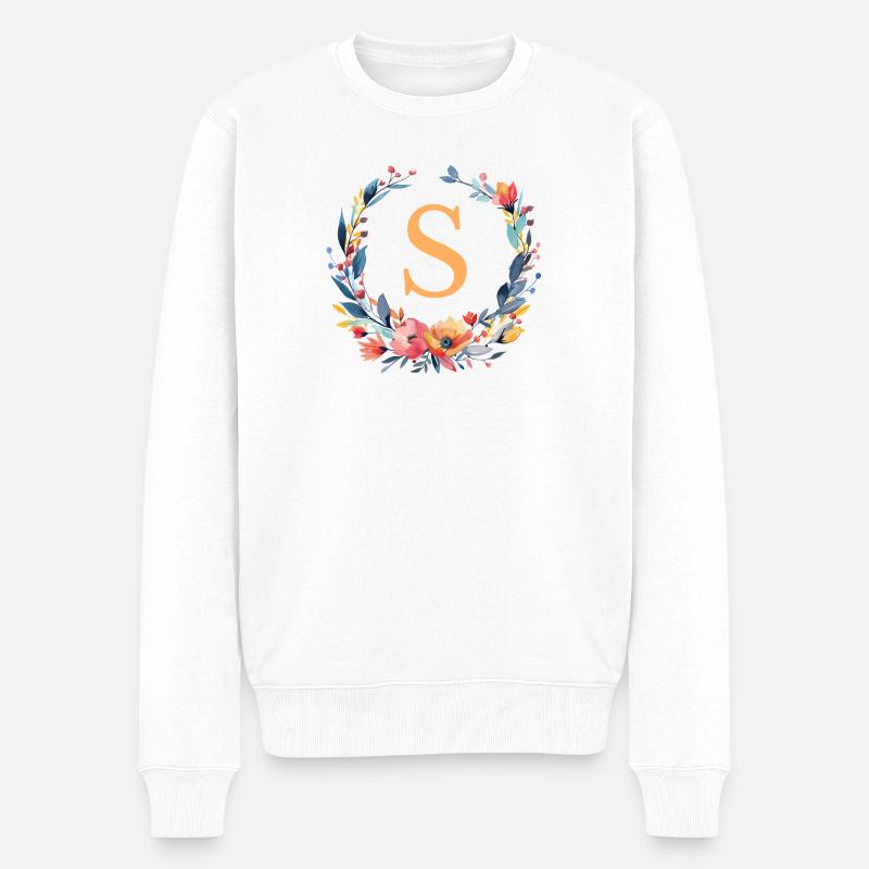 S Monogramm, Blumen-Kranz, personalisierbar - Männer Premium Bio Pullover - Weiß