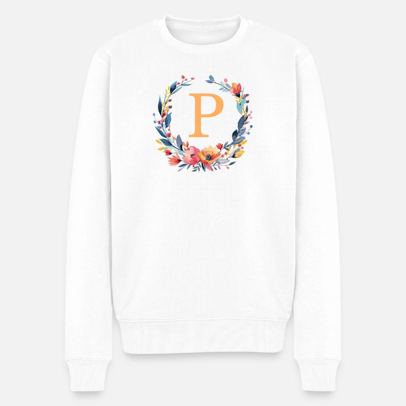 P Monogram, Couronne de fleurs, Personnalisable - Pull Premium bio Homme - blanc