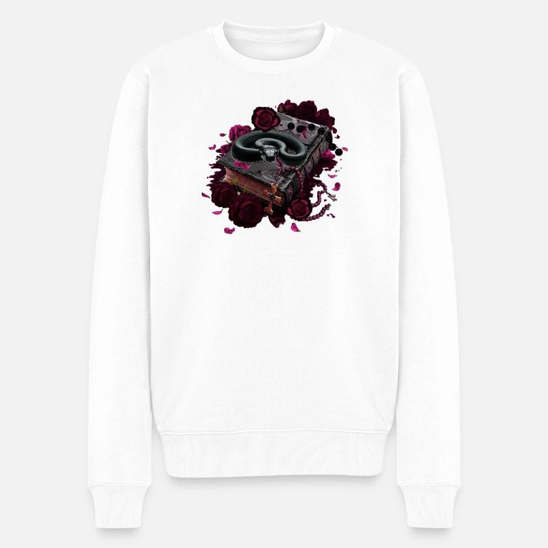 Bücher Design, Schlangen, Rosenblüten - Männer Premium Bio Pullover - Weiß