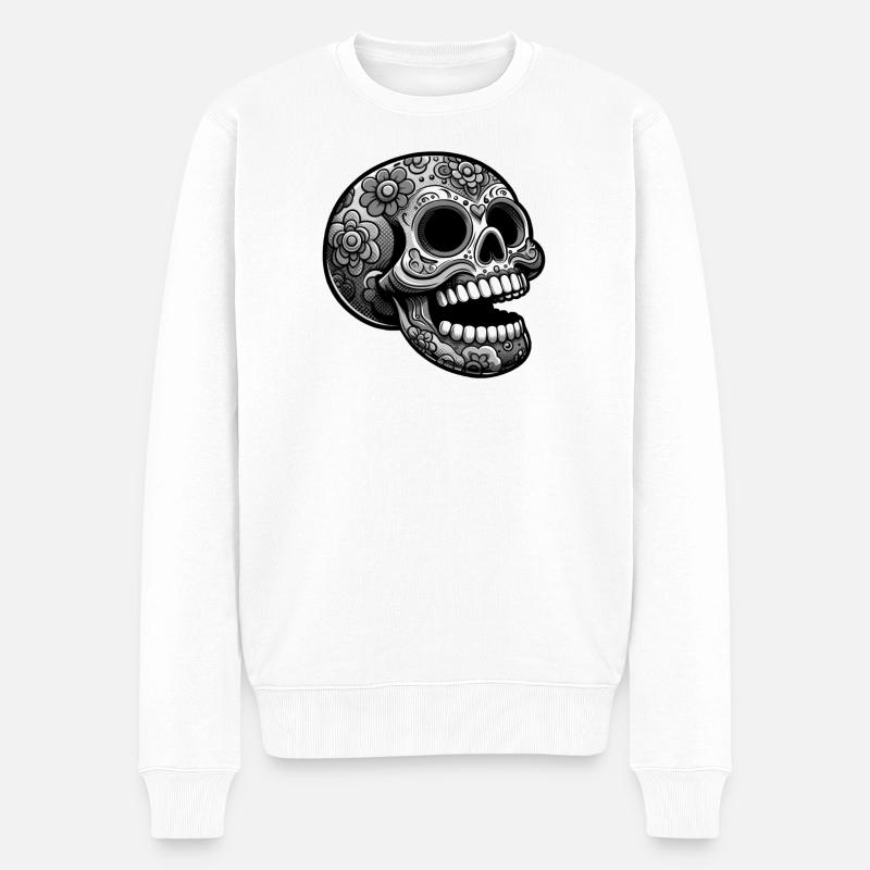 Blumen-Totenkopf Design - Männer Premium Bio Pullover - Weiß
