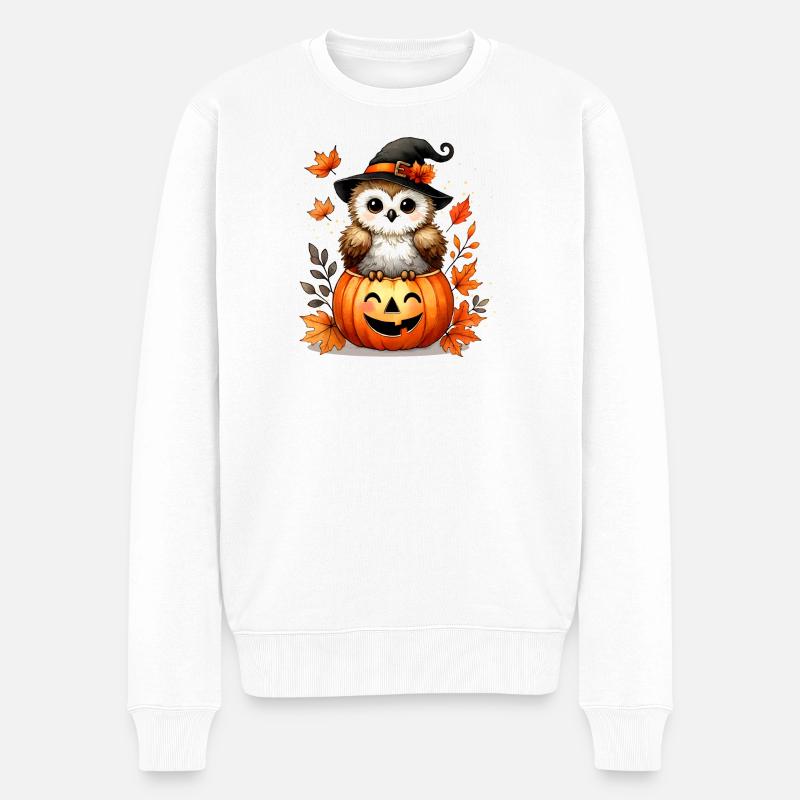 Halloween-Eule im Kürbis:herbstlicher Gruselspaß - Männer Premium Bio Pullover - Weiß