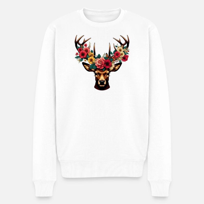 Cerf avec des fleurs - Pull Premium bio Homme - blanc