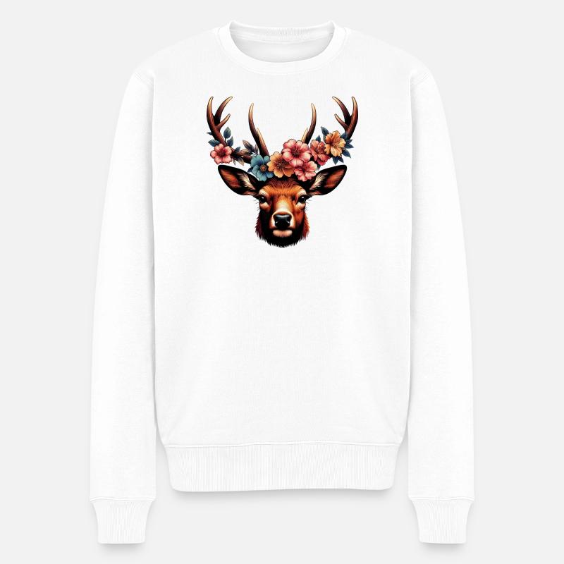 Hirsch mit Blumen - Männer Premium Bio Pullover - Weiß