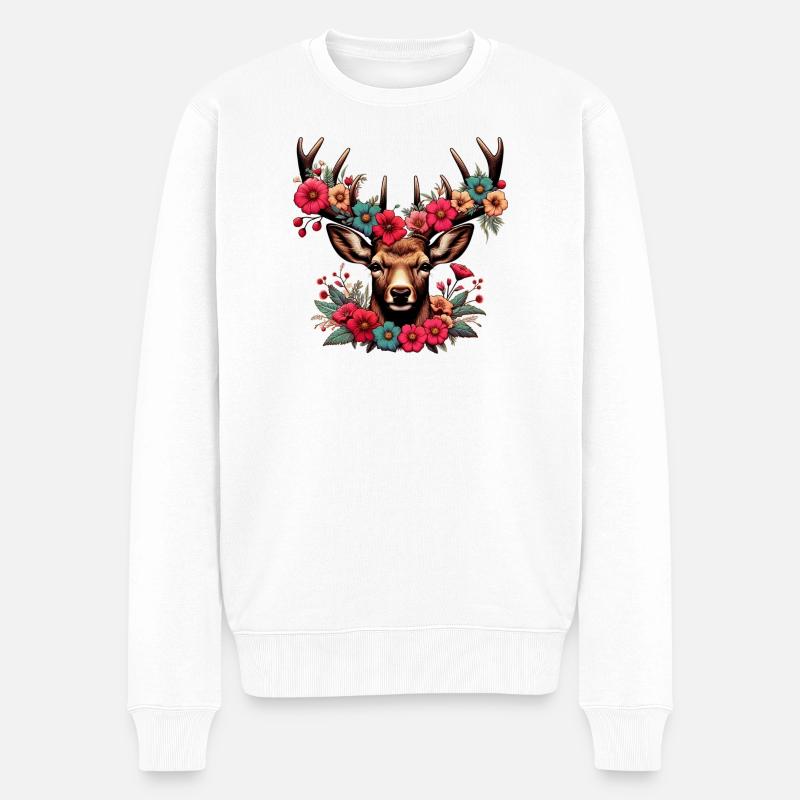 Hirsch mit Blumen - Männer Premium Bio Pullover - Weiß