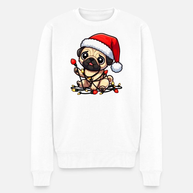 Süßer Weihnachtsmops Cartoon mit Lichterkette - Männer Premium Bio Pullover - Weiß