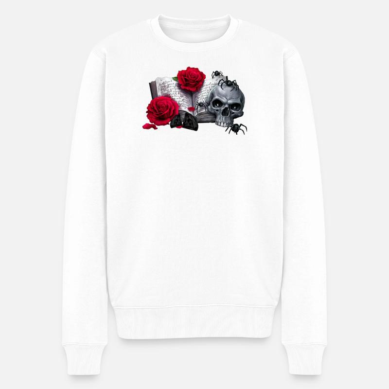 Gothic-Buch mit Rosenblüten, Menschenschädel - Männer Premium Bio Pullover - Weiß