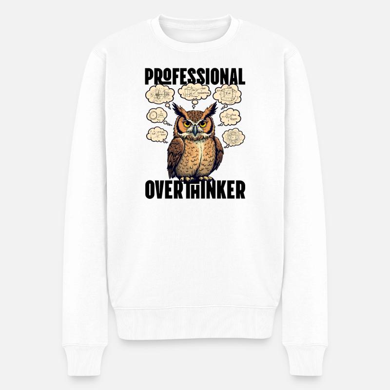 Professional Overthinker – Eule mit Gedankenblasen - Männer Premium Bio Pullover - Weiß