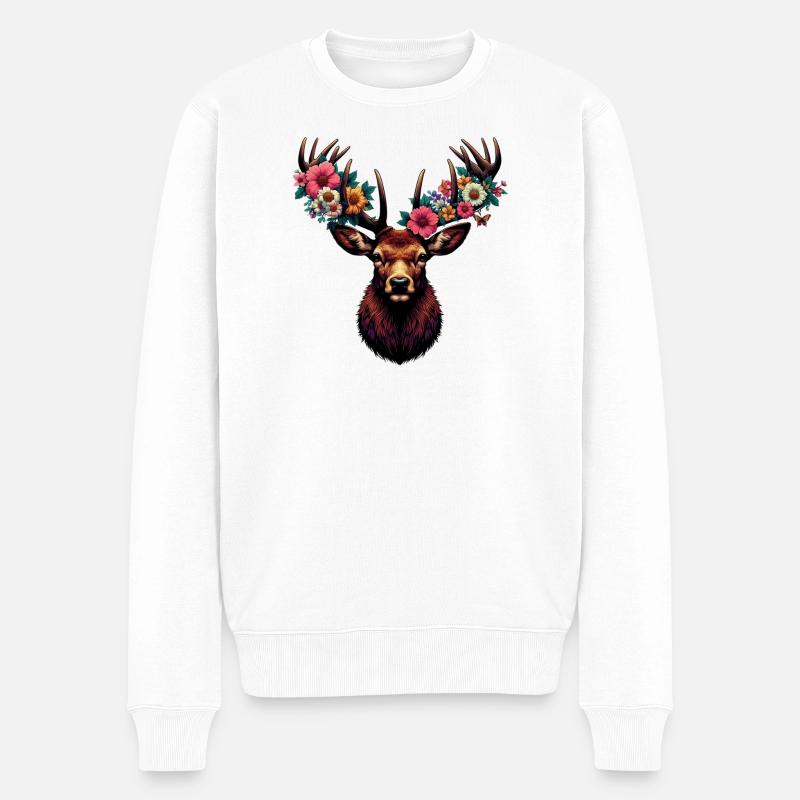 Hirsch mit Blumen - Männer Premium Bio Pullover - Weiß