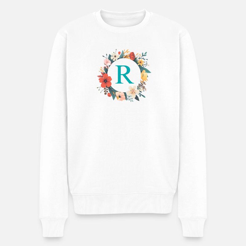 R Monogramm, Blumen-Kranz, personalisierbar - Männer Premium Bio Pullover - Weiß