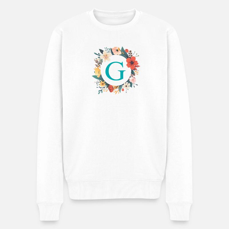 G Monogramm, Blumen-Kranz, personalisierbar - Männer Premium Bio Pullover - Weiß