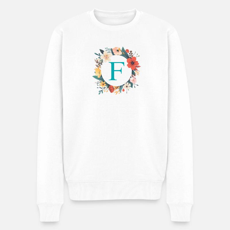 F Monogramm, Blumen-Kranz, personalisierbar - Männer Premium Bio Pullover - Weiß
