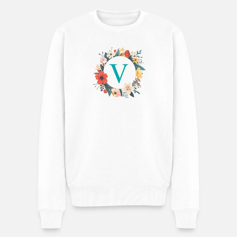 V Monogram, Couronne de fleurs, Personnalisable - Pull Premium bio Homme - blanc