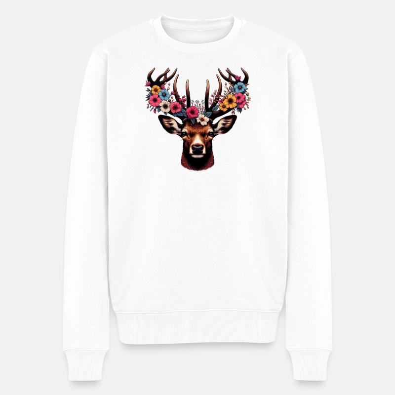 Cerf avec des fleurs - Pull Premium bio Homme - blanc