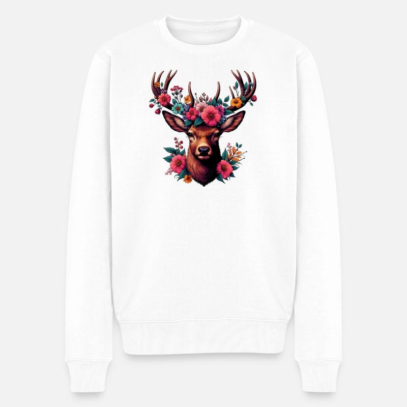 Cerf avec des fleurs - Pull Premium bio Homme - blanc
