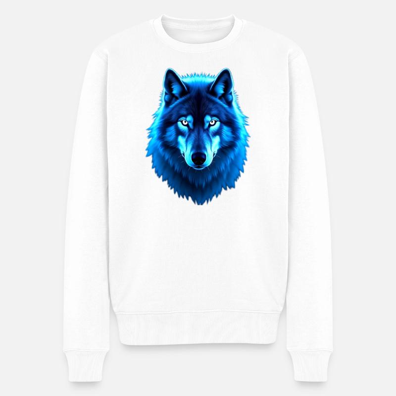 Blaues Wolfsleuchten - Männer Premium Bio Pullover - Weiß