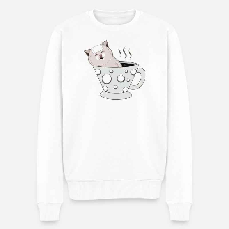 Kätzchen, das sich in einer dampfenden Polkadot-Teetasse entspannt - Männer Premium Bio Pullover - Weiß