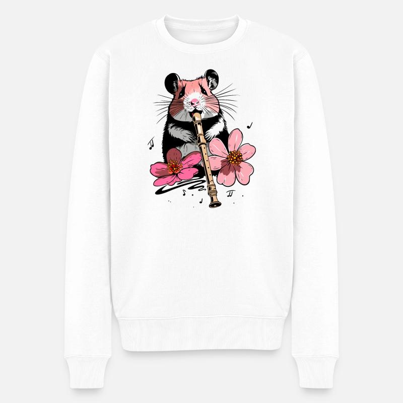 Hamster avec fleurs et flûte - Pull Premium bio Homme - blanc