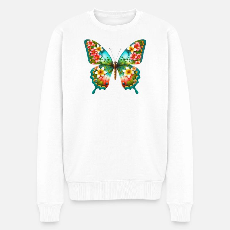 Schmetterling Plumeria Frangipani Plumerie - Männer Premium Bio Pullover - Weiß