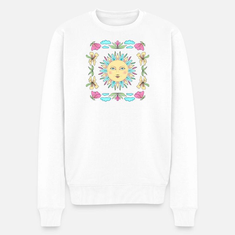 Sonnengesicht im Blumenkreis - Männer Premium Bio Pullover - Weiß