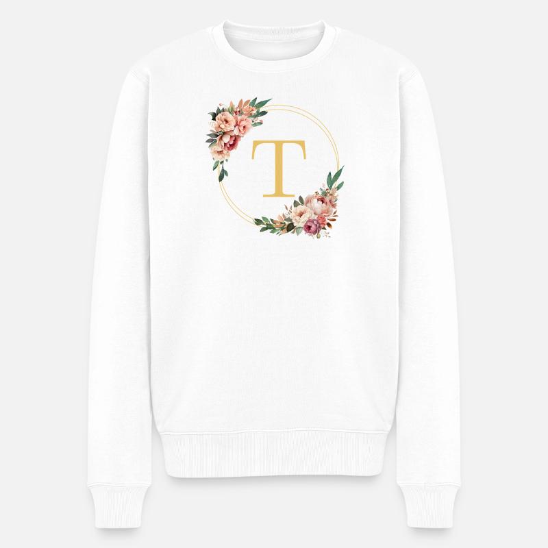 T Monogram, Couronne de fleurs, Personnalisable - Pull Premium bio Homme - blanc