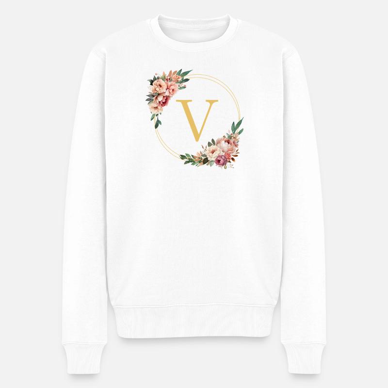 V Monogramm, Blumen-Kranz, personalisierbar - Männer Premium Bio Pullover - Weiß