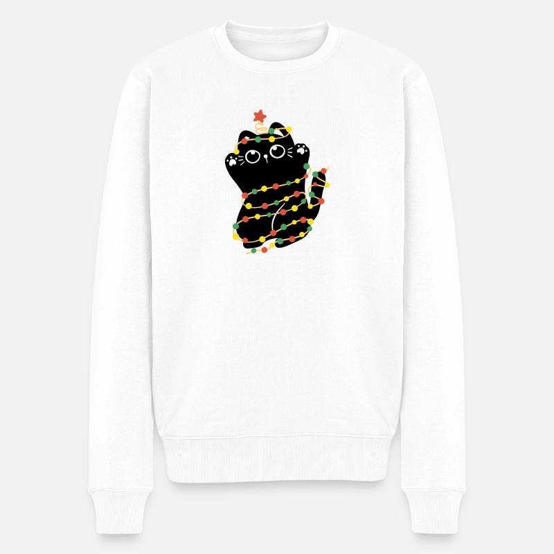 Weihnachtsbeleuchtung Katze - Männer Premium Bio Pullover - Weiß