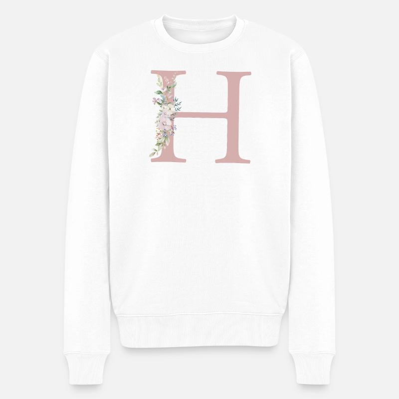 H Monogramm, Floral, personalisierbar - Männer Premium Bio Pullover - Weiß