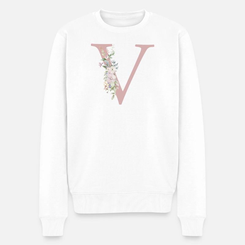 V Monogramm, Floral, personalisierbar - Männer Premium Bio Pullover - Weiß