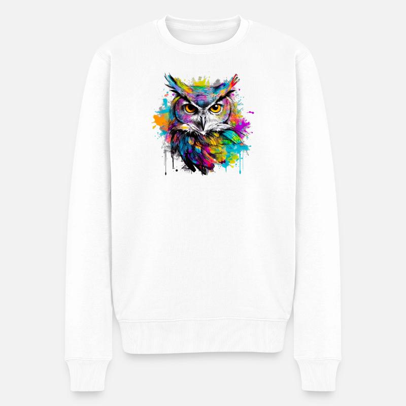 Unsere Eule mit bunten Farbklecksen - Männer Premium Bio Pullover - Weiß