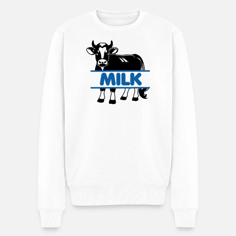 Milchkuh mit blauem Text "MILK" - Männer Premium Bio Pullover - Weiß