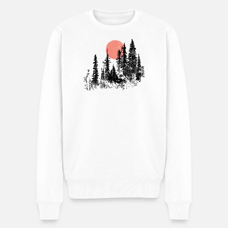 Sonnenuntergang Wald Silhouette T-Shirt Design - Männer Premium Bio Pullover - Weiß