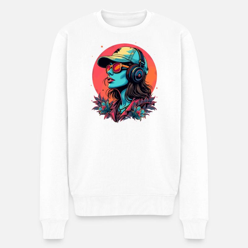 Futuristische DJane mit Kopfhörern - Männer Premium Bio Pullover - Weiß