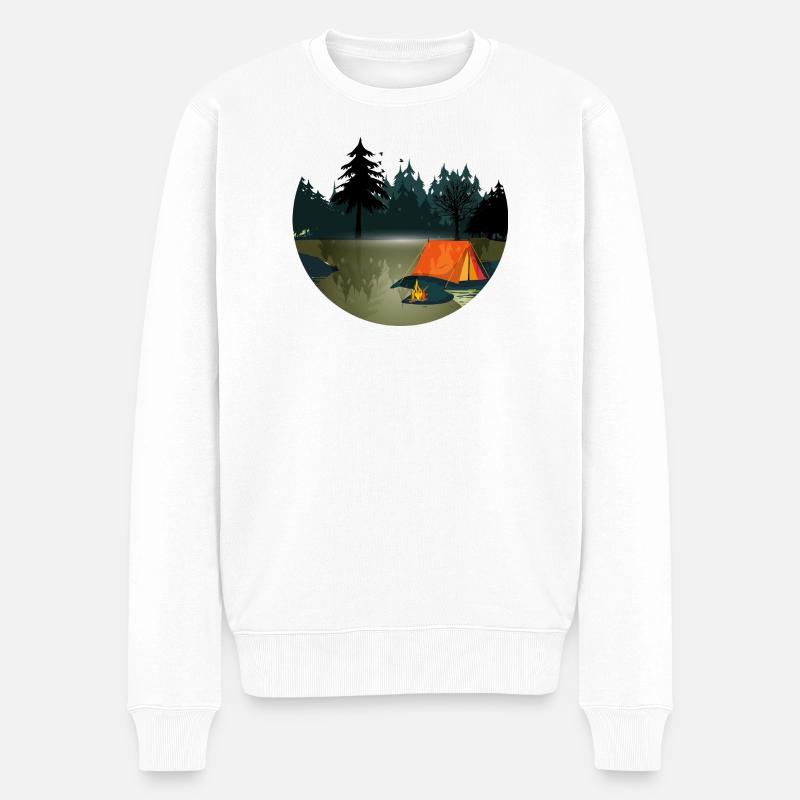 Zelt und Lagerfeuer im dunklen Wald - Männer Premium Bio Pullover - Weiß