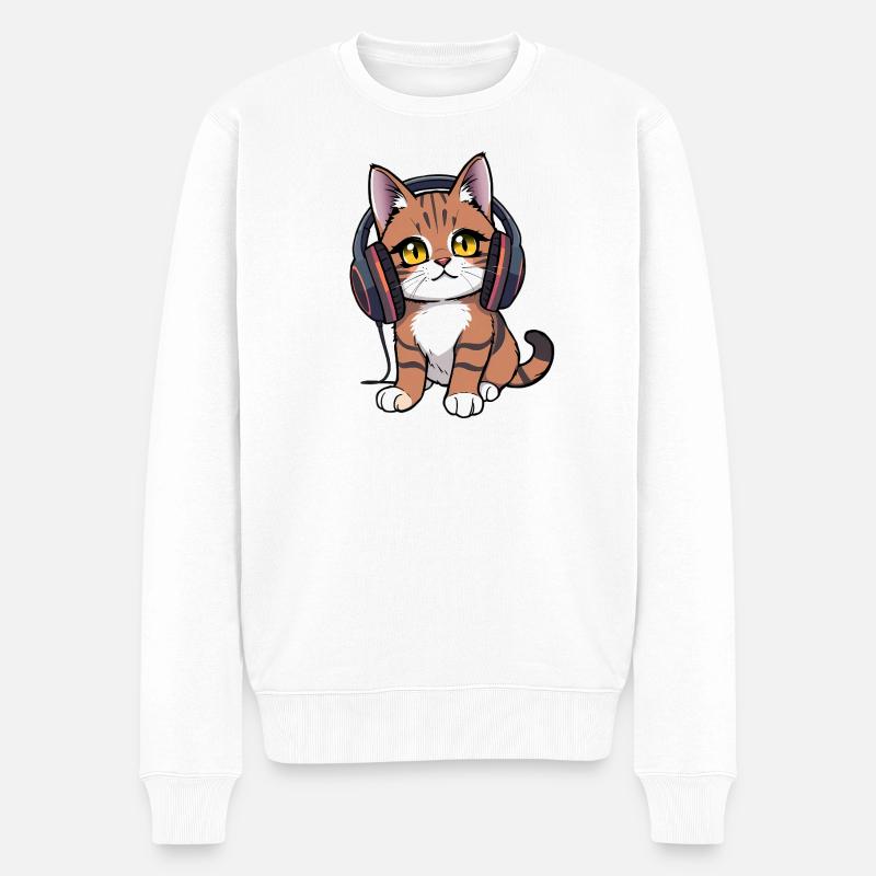Katze mit Kopfhörer - Männer Premium Bio Pullover - Weiß