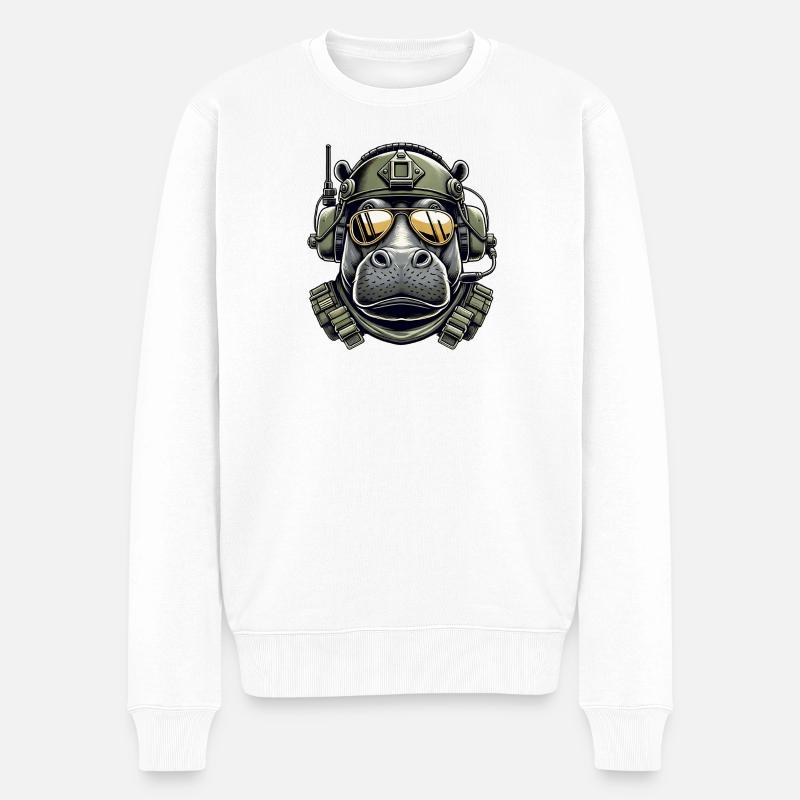Nilpferd Militär Design - Männer Premium Bio Pullover - Weiß
