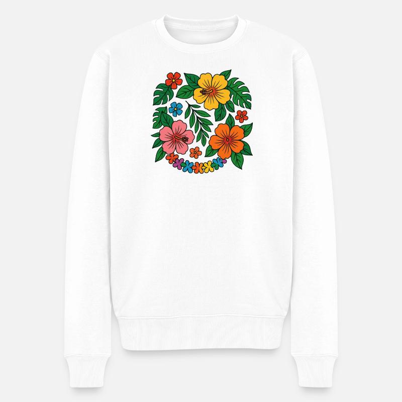 Tropisches Hibiskus-Blumenmuster - Männer Premium Bio Pullover - Weiß