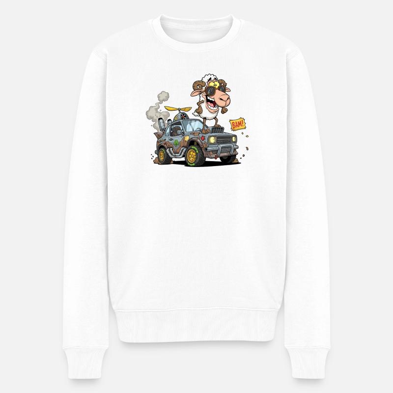 Cartoon Schaffahrer im Geländewagen - Männer Premium Bio Pullover - Weiß