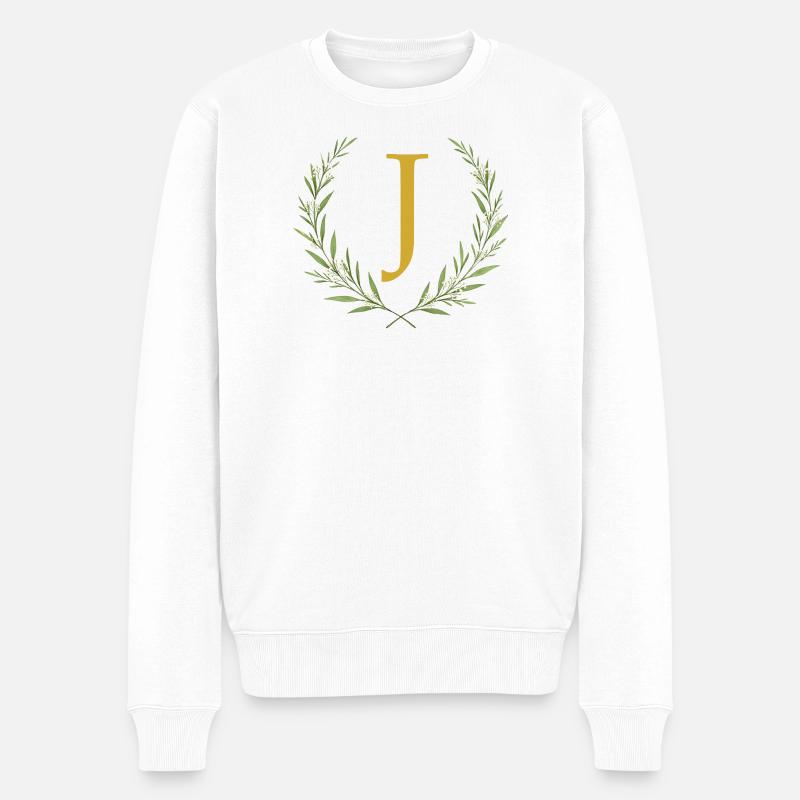 J Monogramm, Eukalyptus Kranz, personalisierbar - Männer Premium Bio Pullover - Weiß