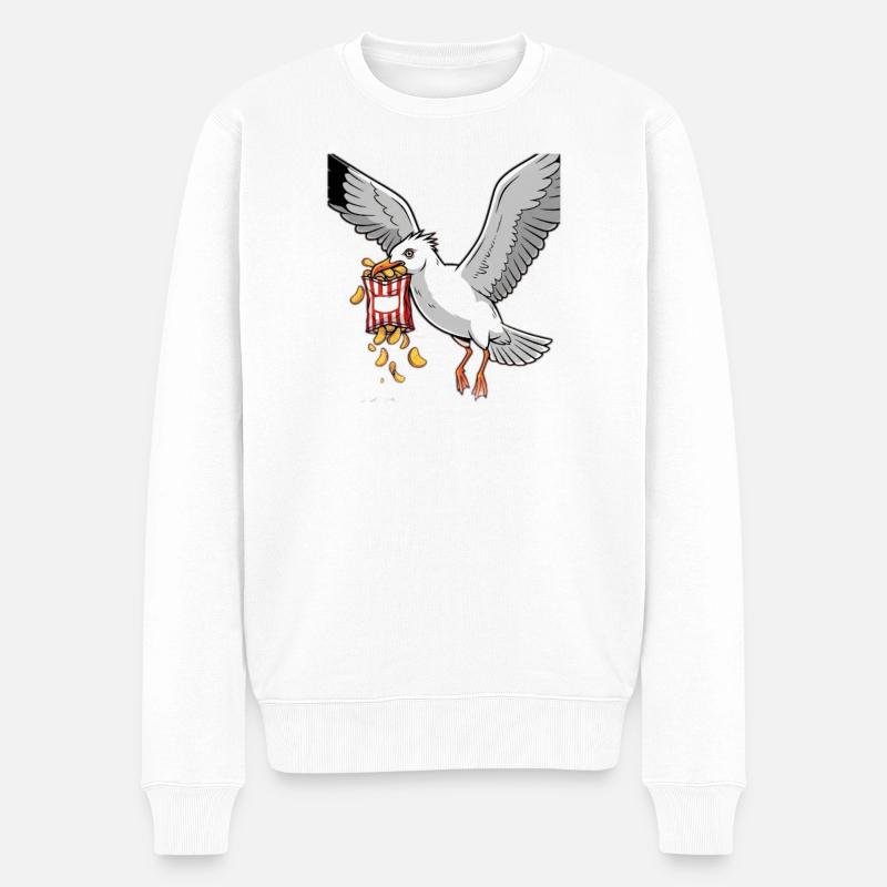 Möwe mit Chips Snack Design - Männer Premium Bio Pullover - Weiß