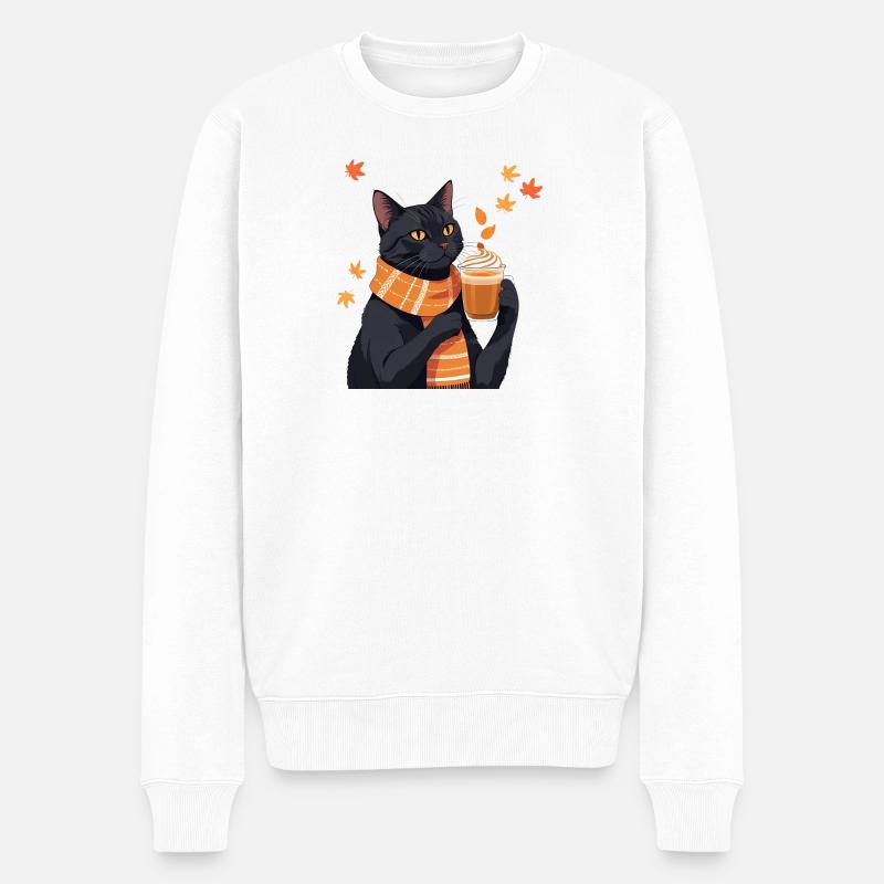 Schwarze Katze mit Pumpkin spice Latte - Herbst - Männer Premium Bio Pullover - Weiß
