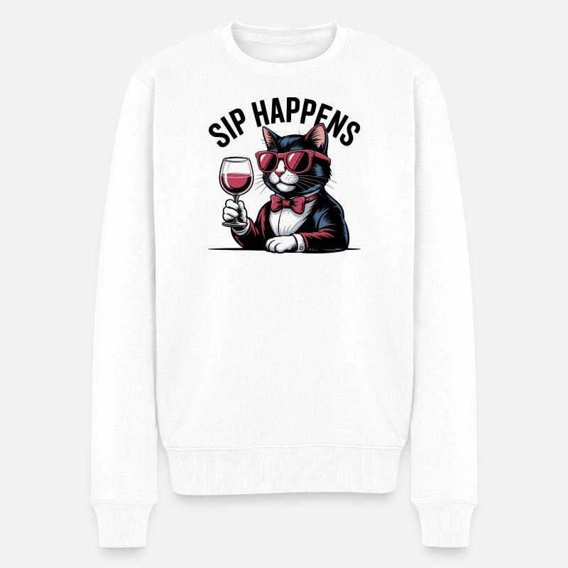 Sip Happens Katzenwein-Liebhaber - Männer Premium Bio Pullover - Weiß