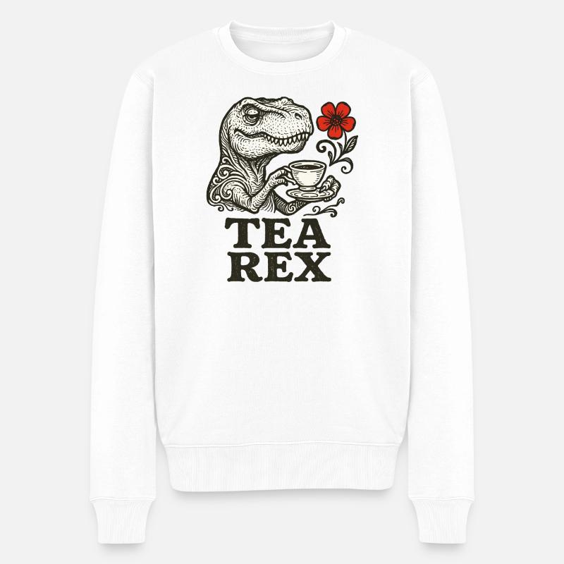 Dinosaurier mit Tee und Blumenakzent - Männer Premium Bio Pullover - Weiß