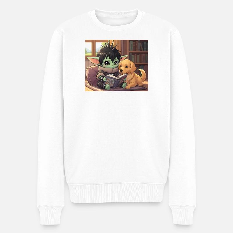 Kleiner Goblin mit Hund und Comic-Book - Männer Premium Bio Pullover - Weiß