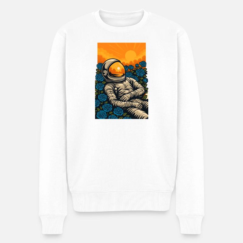 Sonnenuntergangs-Astronaut im blauen Rosengarten - Männer Premium Bio Pullover - Weiß