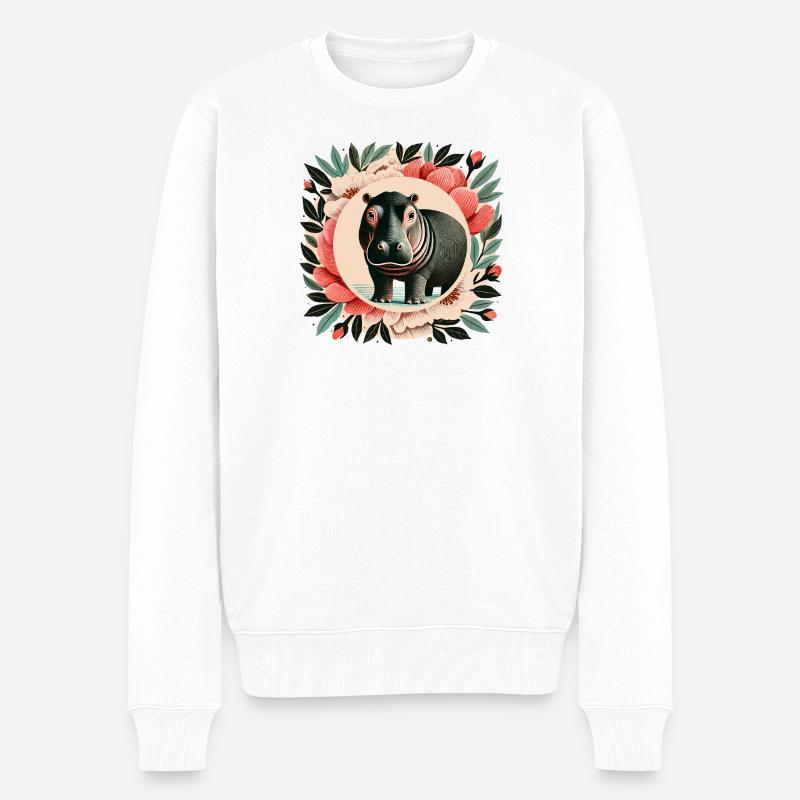 Wunderliches Nilpferd-Blumenporträt - Männer Premium Bio Pullover - Weiß
