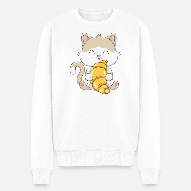 Chat Kawaii mignon avec croissant - Pull Premium bio Homme - blanc