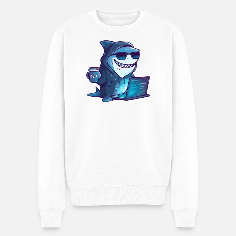 Cyber Shark Hacker Design - Männer Premium Bio Pullover - Weiß