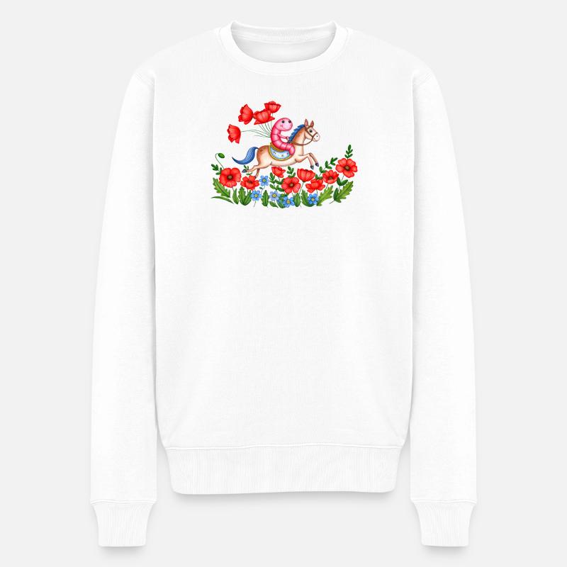 Un ver de terre sur un cheval dans un champ de coquelicots - Pull Premium bio Homme - blanc